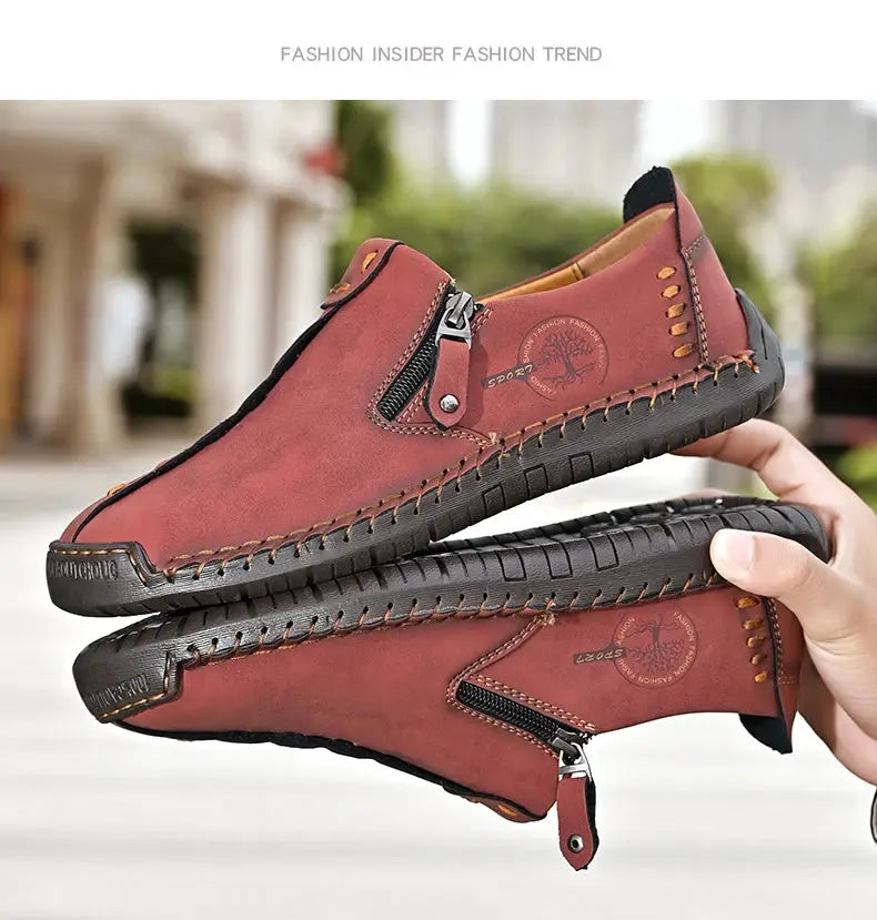 Men's handmade breathable leather slip-on loafers in brown-red with side zipper by Simples Market