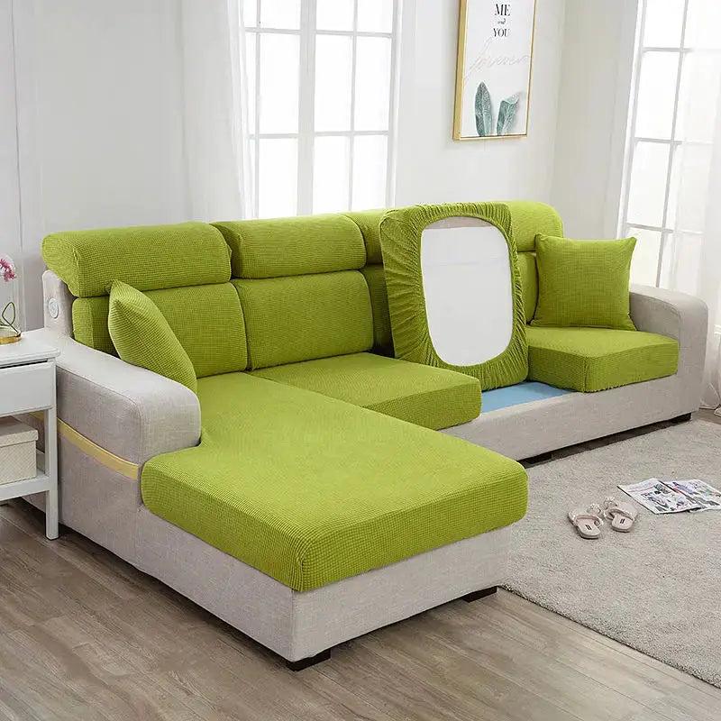 Simples Market lime green thickened sofa seat cover set on a light gray sectional with matching cushions