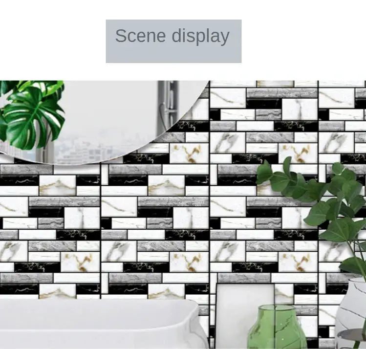 Self-adhesive tile wall sticker set, 5/10pcs, marble black-white PVC, 3D effect wallpaper for kitchen and bathroom