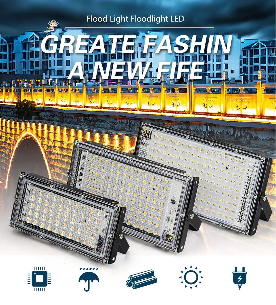 Simples Market LED flood light spotlight outdoor set; 3 AC 220V downlights (50/100/150W) with black metal housings.