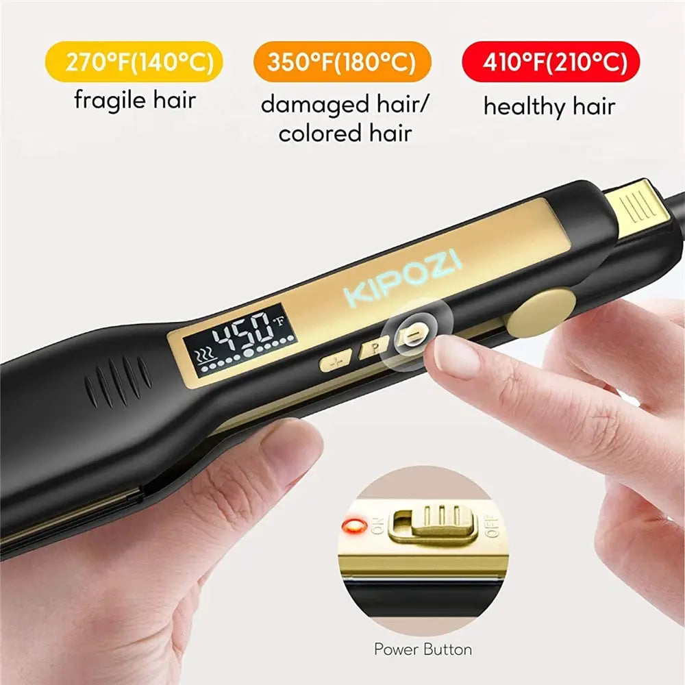 KIPOZI titanium flat iron hair straightener with digital LCD display; black and gold, dual voltage