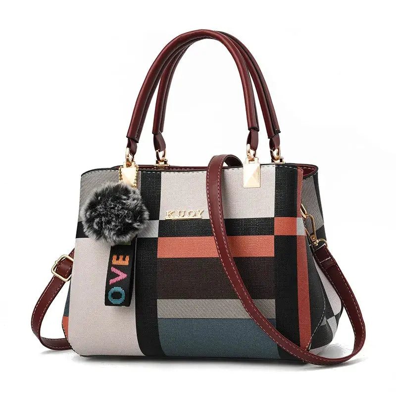 Elegant designer handbag by Simples Market, multicolor plaid PU leather tote with burgundy handles and crossbody strap