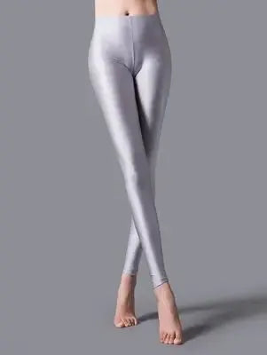 Women's shiny leggings in silver-gray, stretchy spandex casual trousers
