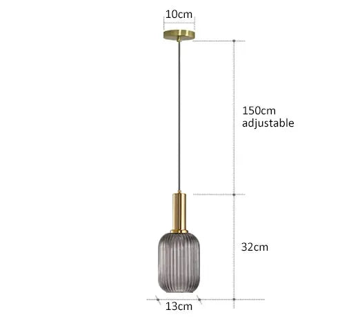 Pendant light with gray ribbed glass shade and brass hardware, retro restaurant style, adjustable cord.