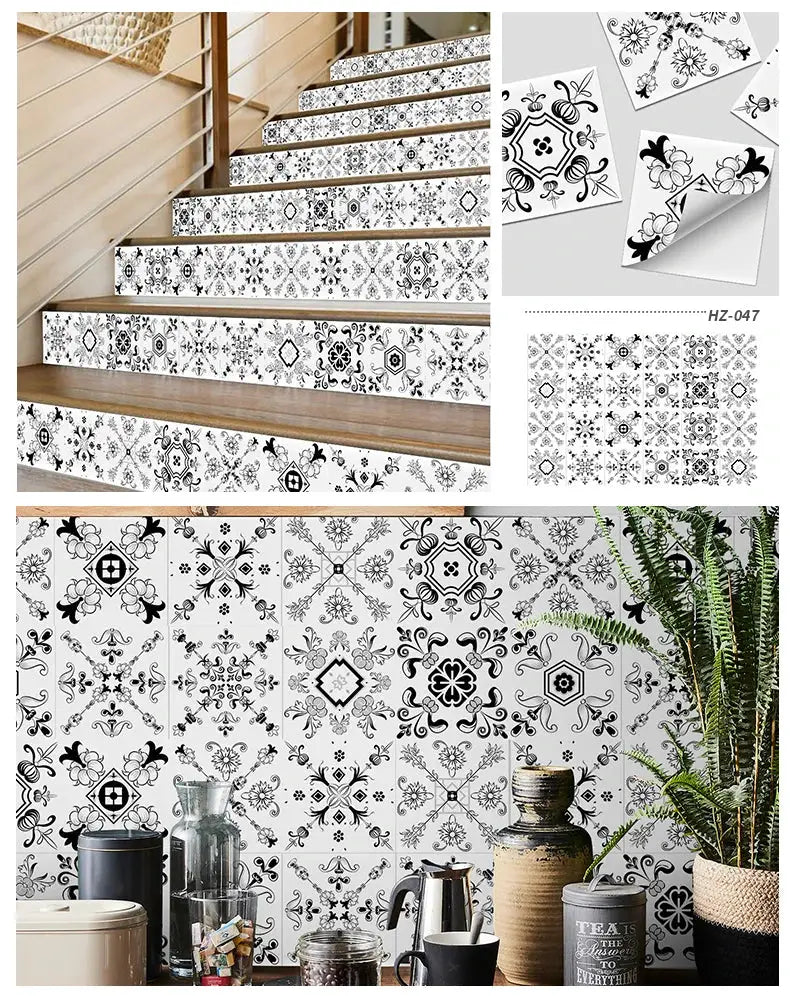 Tile sticker set by Simples Market, 24pcs light-colored tiles with black ornate patterns for kitchen and bathroom walls.