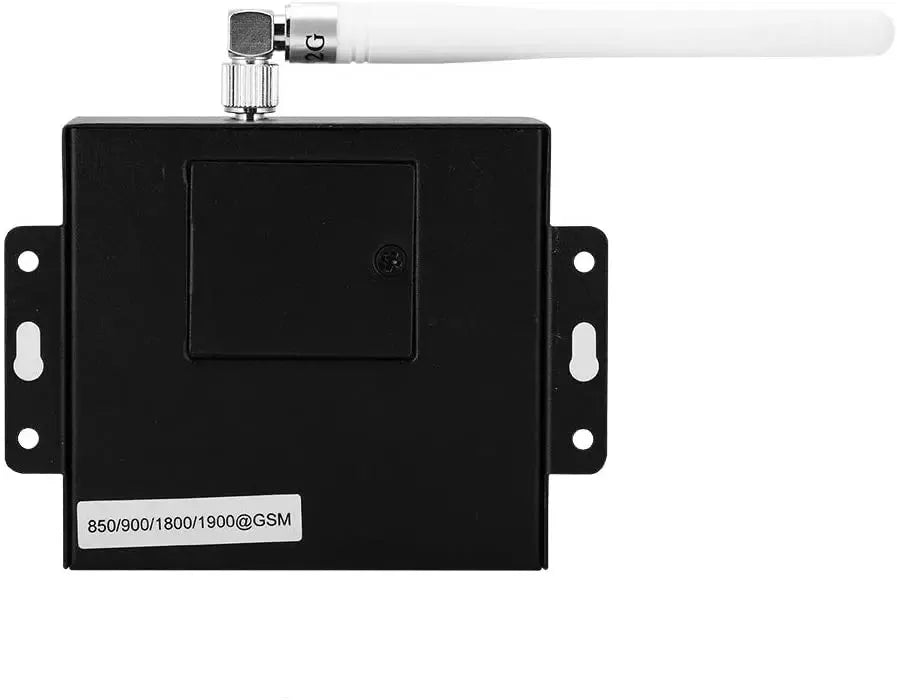 RTU5024 GSM gate opener relay switch with long white antenna, black metal housing