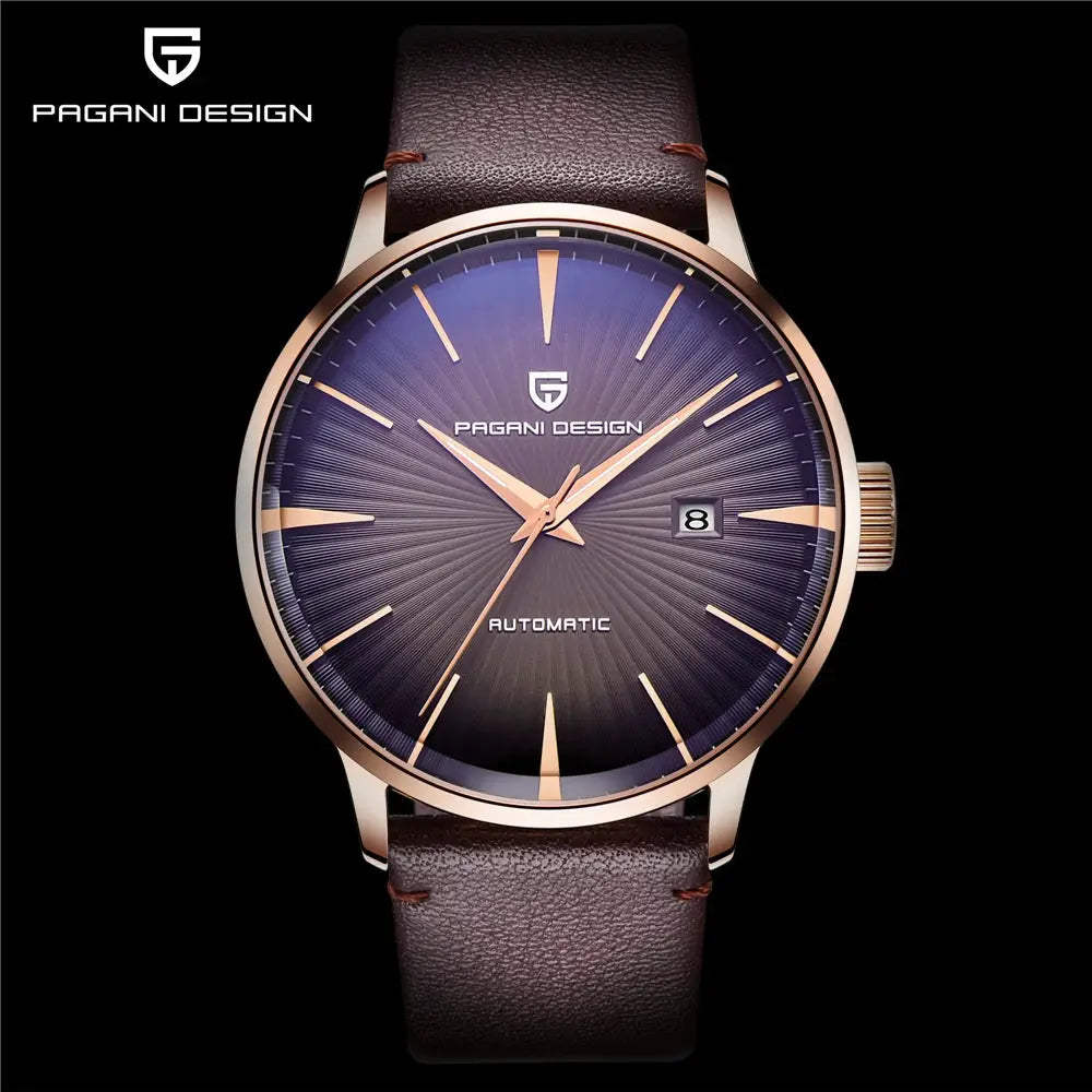 Pagani Design men's automatic watch with blue sunburst dial, rose gold case, and brown leather strap