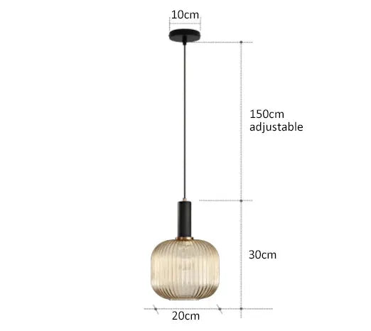 Glass pendant lamp with amber ribbed shade, black canopy, 150 cm adjustable cord, 20 cm shade width