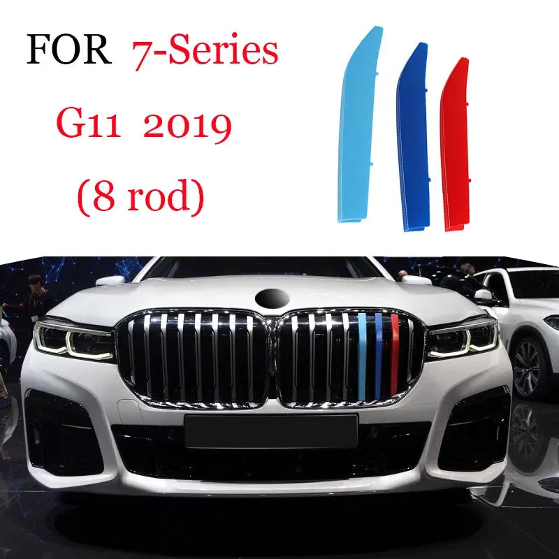 3-piece BMW front grille trim strips in blue, light blue and red for Series 1–8 and X models