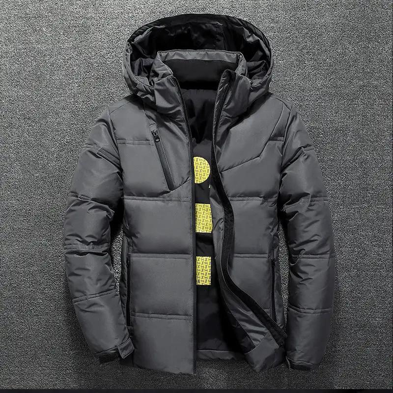 Men's grey duck-down jacket with hood and front zip, quilted puffer coat