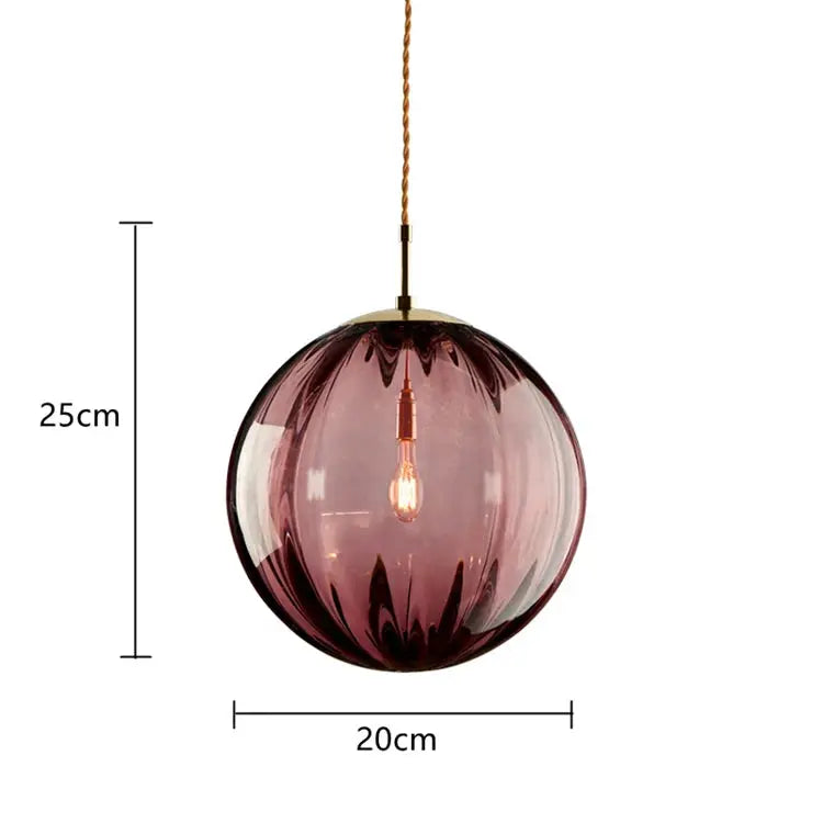 Modern LED pendant light with pink glass ball, 20cm diameter, 25cm height, hanging cord