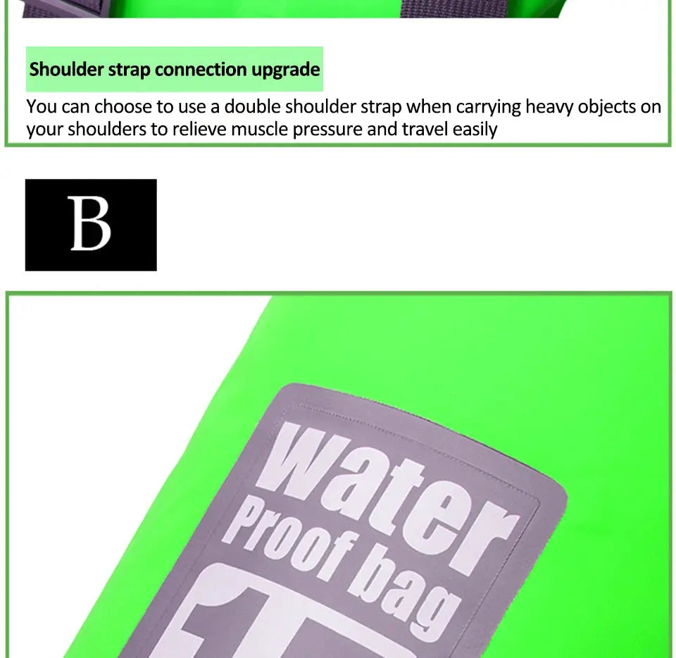 PVC waterproof dry bag by Simples Market, green with purple label and double shoulder strap for trekking and boating.