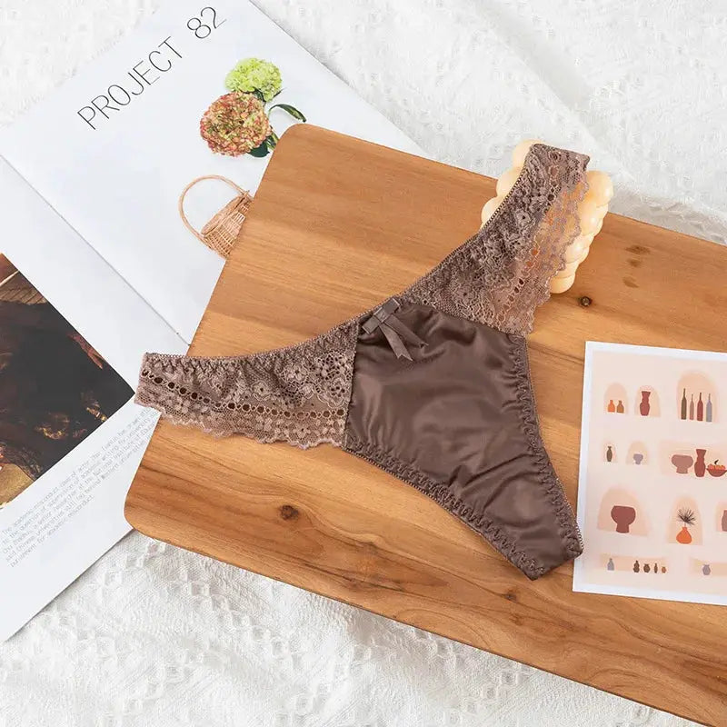 Simples Market lace satin thong in taupe with wide floral lace sides and low-rise fit