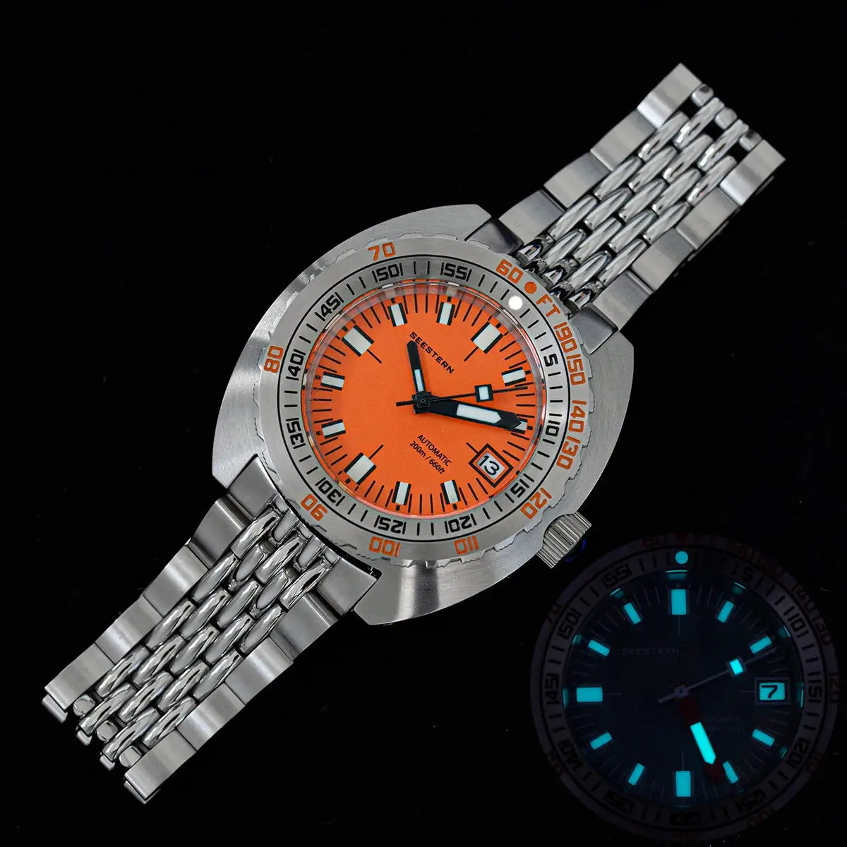 Seestern diver watch with orange dial and stainless steel bracelet; automatic, 200m, two watches shown