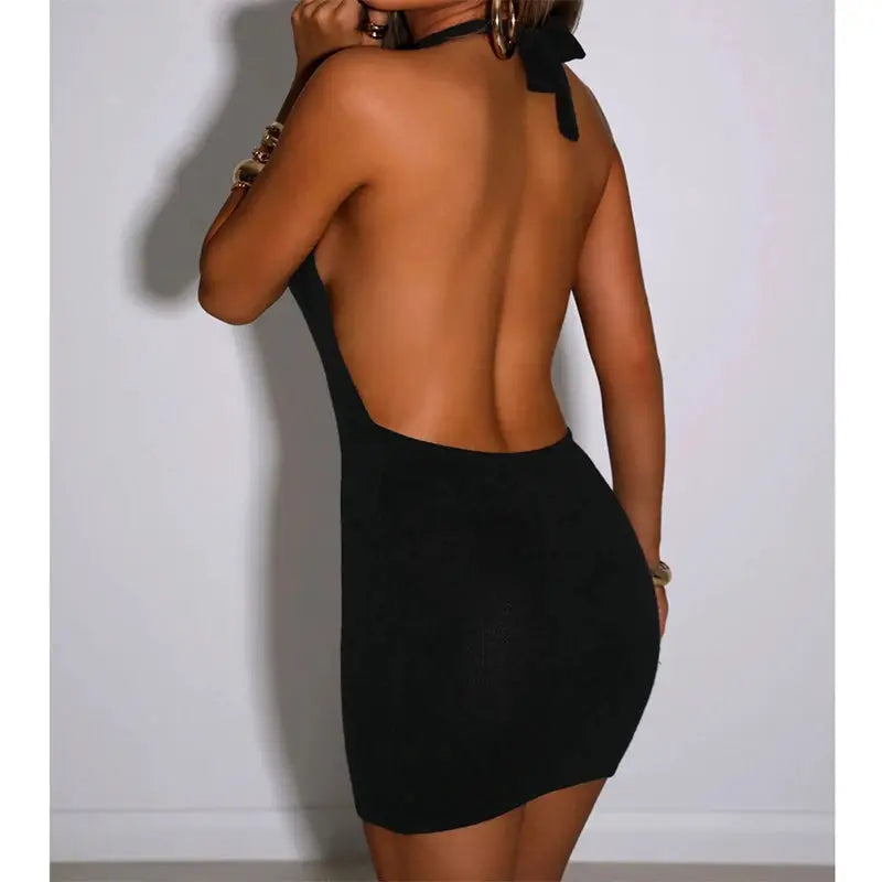 Black Bodycon Halter Dress Women Backless Cutout Mini Sleeveless Party