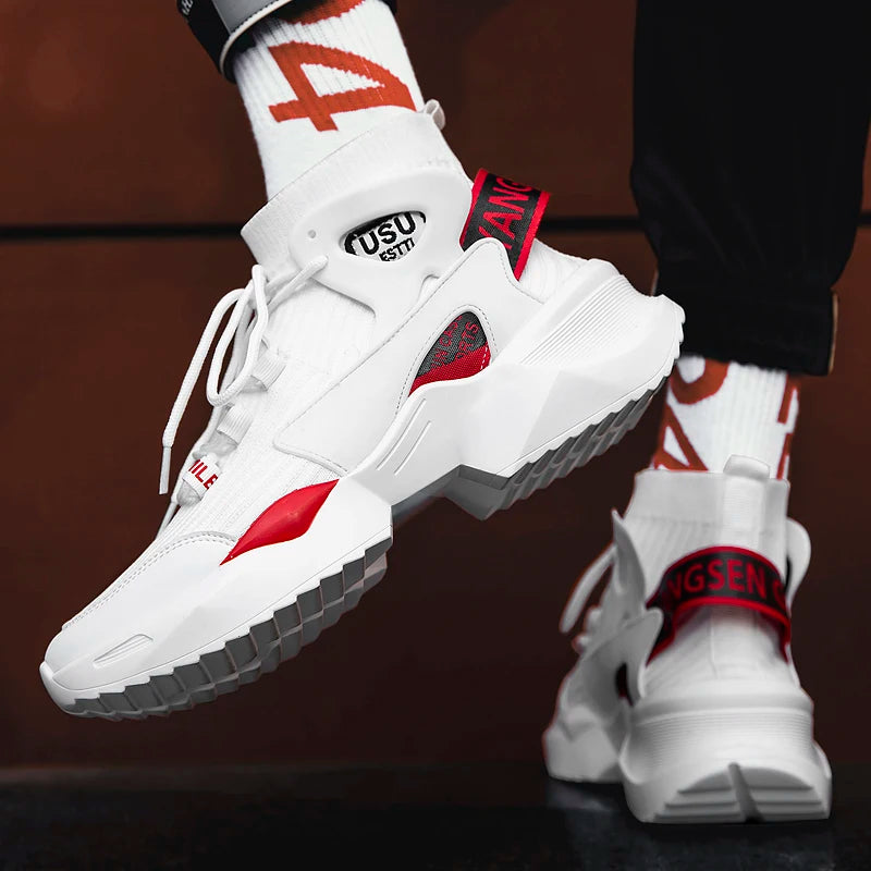Men's breathable sport sneakers by Simples Market, white with red accents and gray outsole