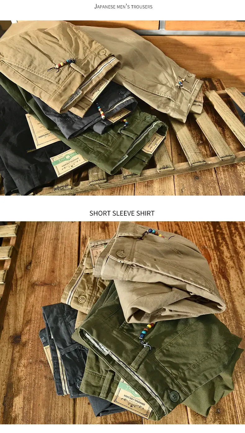 HIQOR men's cargo pants set in assorted colors; pure cotton, mid waist, casual belt trousers by Simples Market