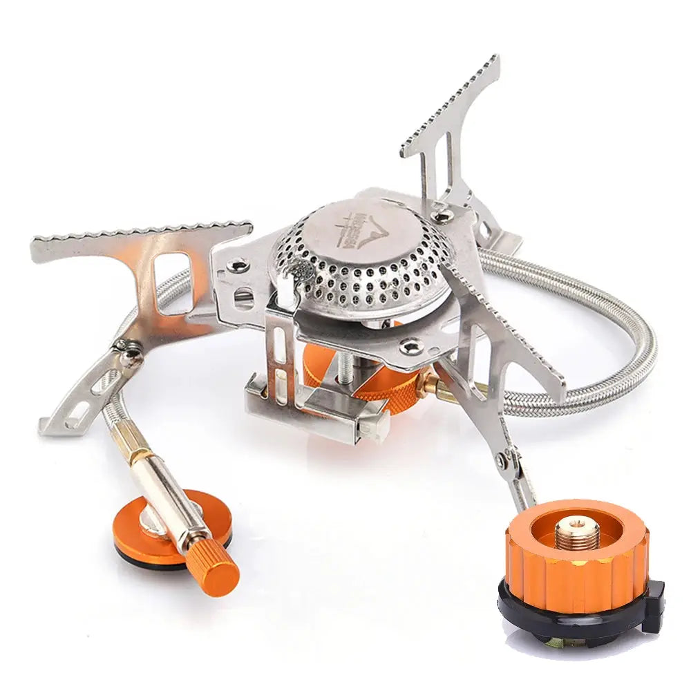 Widesea camping gas stove with orange regulator knob, stainless steel frame and braided hose