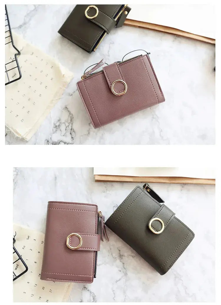 Women's compact PU leather zipper wallet with ring accent, pink and olive-green colorways; 2 wallets shown.