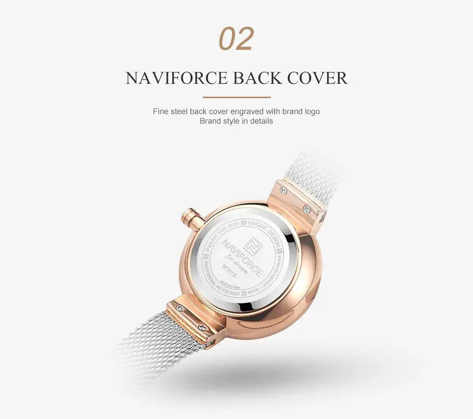 Naviforce women's watch with rose-gold case and silver mesh strap, back cover engraving.