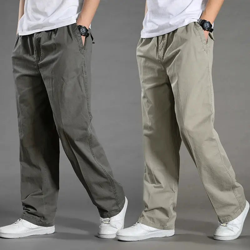 Men's cargo pants by Simples Market; cotton workwear in olive and khaki (6XL), two pairs.