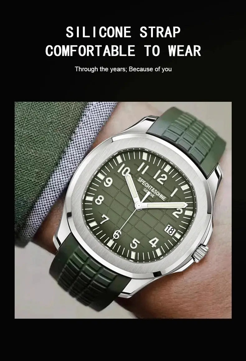 Specht&Sohne green silicone-strap sports watch with luminous dial and date, 50m water resistant