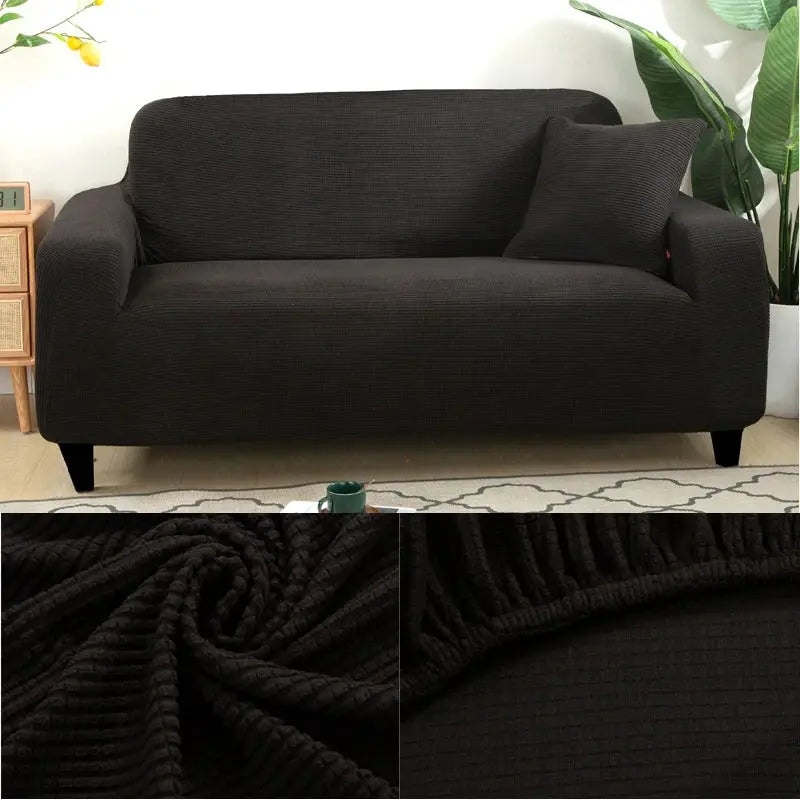 Thick dark brown jacquard sofa protector with textured ribbed fabric for L-shaped corner couches