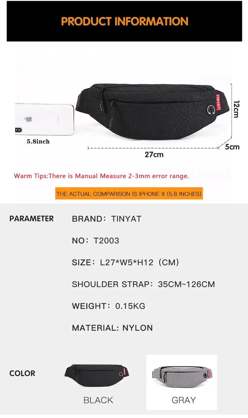 TINYAT waist bag by Simples Market, black nylon fanny pack with adjustable strap; 27x5x12 cm, color options.