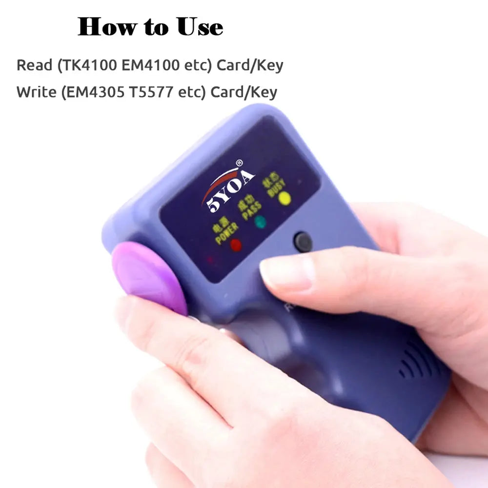 Simples Market 125KHz RFID duplicator handheld device in blue with purple button