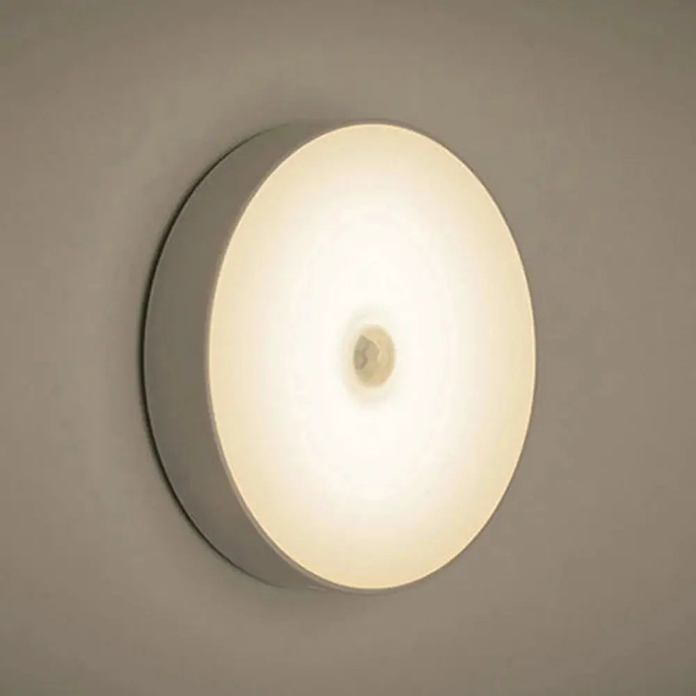 Night light round white LED wall lamp with motion sensor for bedroom, hallway or bathroom