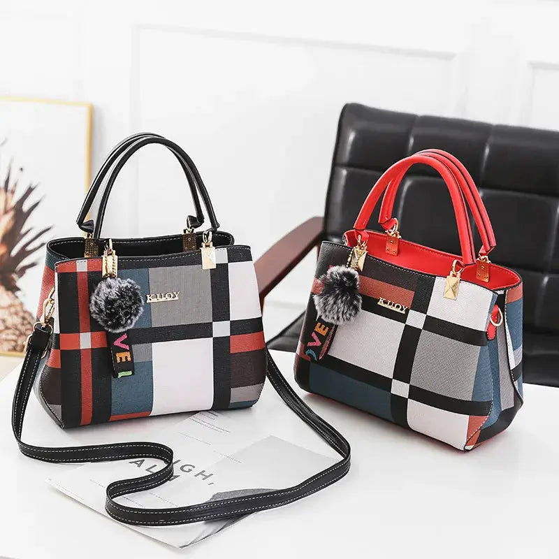 Two KULOY plaid PU leather handbags with top handles and crossbody straps; red and black colorways with pom-pom charms