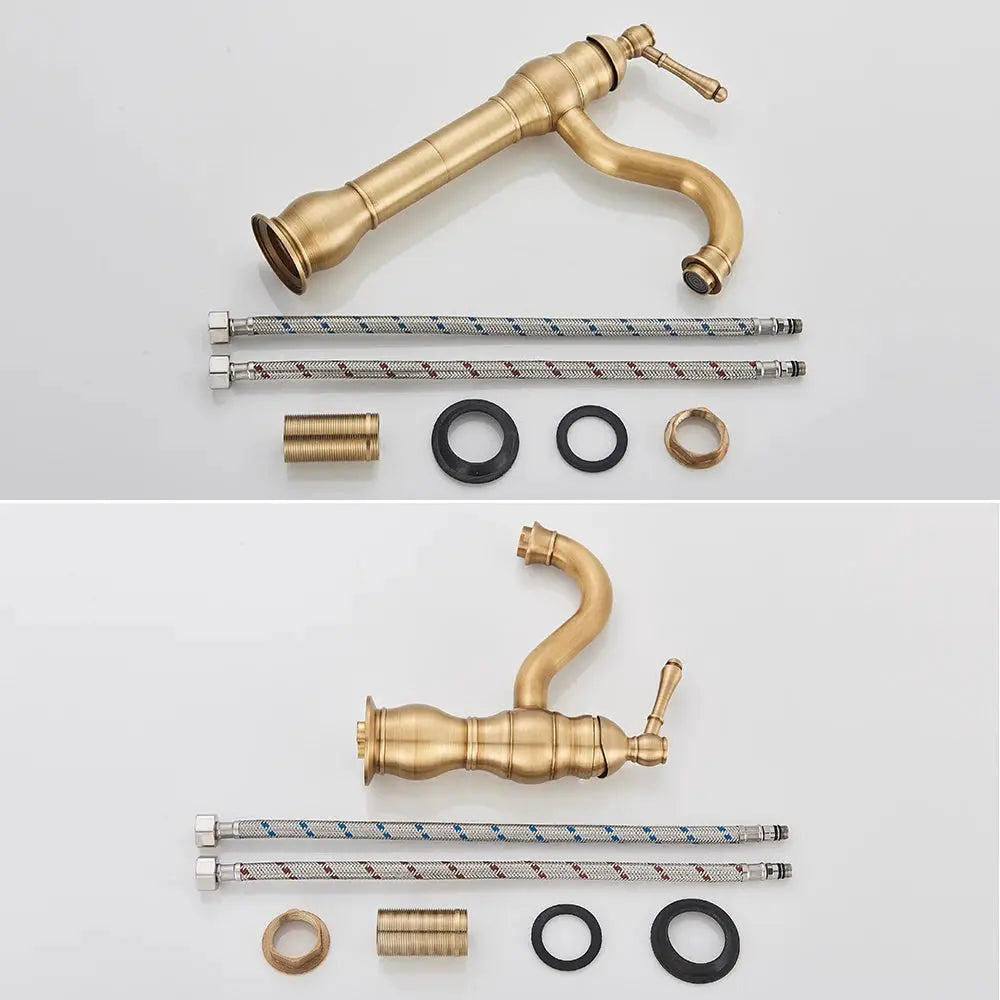 Antique brass basin faucet, deck-mounted 1-hole cold/hot mixer, with braided supply lines and fittings.