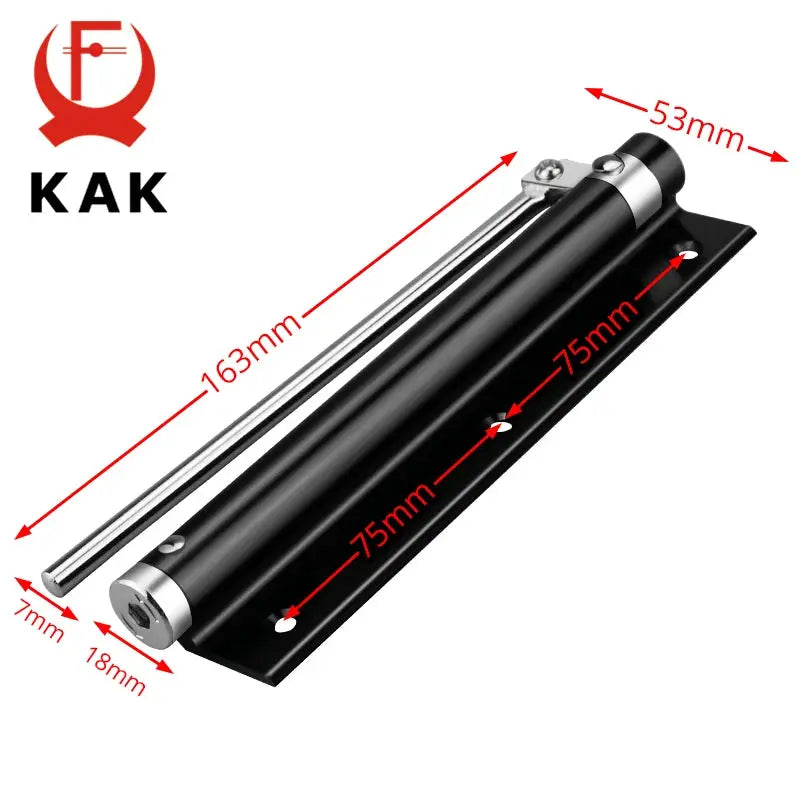 KAK 50KG adjustable door closer with black aluminum body and silver rod; heavy-duty soft-close, fire-proof