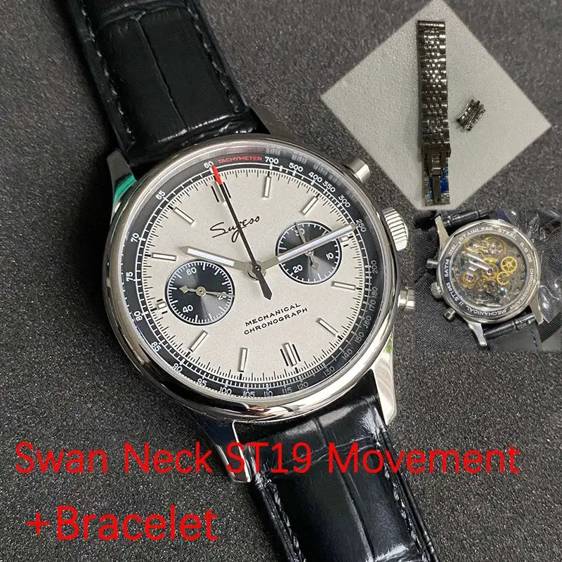 ST19 Pilot mechanical chronograph watch, 40mm, white dial with black panda subdials, black leather strap