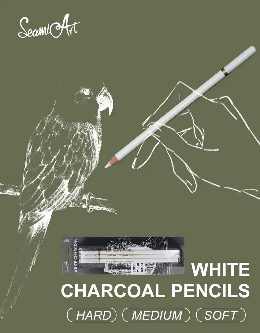 SeamiArt white charcoal pencils set, 3 pencils in soft/medium/hard for sketching