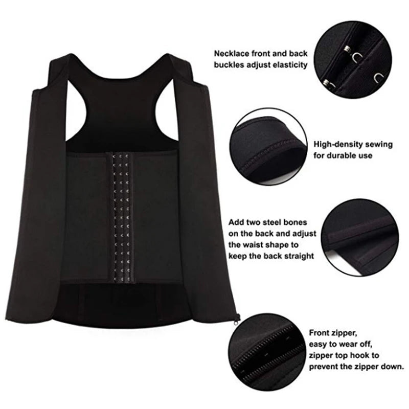 Simples Market men's slimming corset vest in black with front zipper, waist belt, and back steel bones.