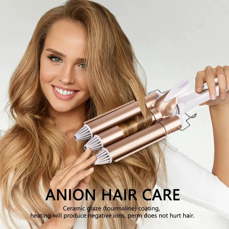 Professional hair curler with copper-gold triple barrels and white tips, held by a smiling woman