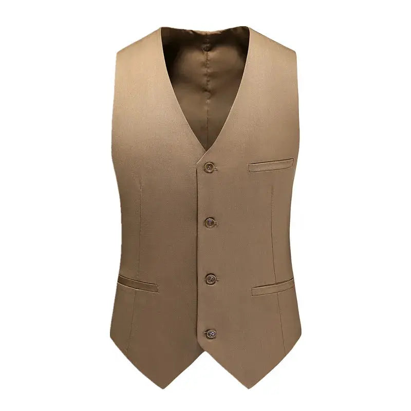 Beige men's vest waistcoat, slim-fit V-neck with button front and pockets, size 6XL.