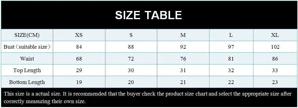 ZTVitality Solid Tie Bikini size table by Simples Market; XS–XL bust, waist, top and bottom lengths.
