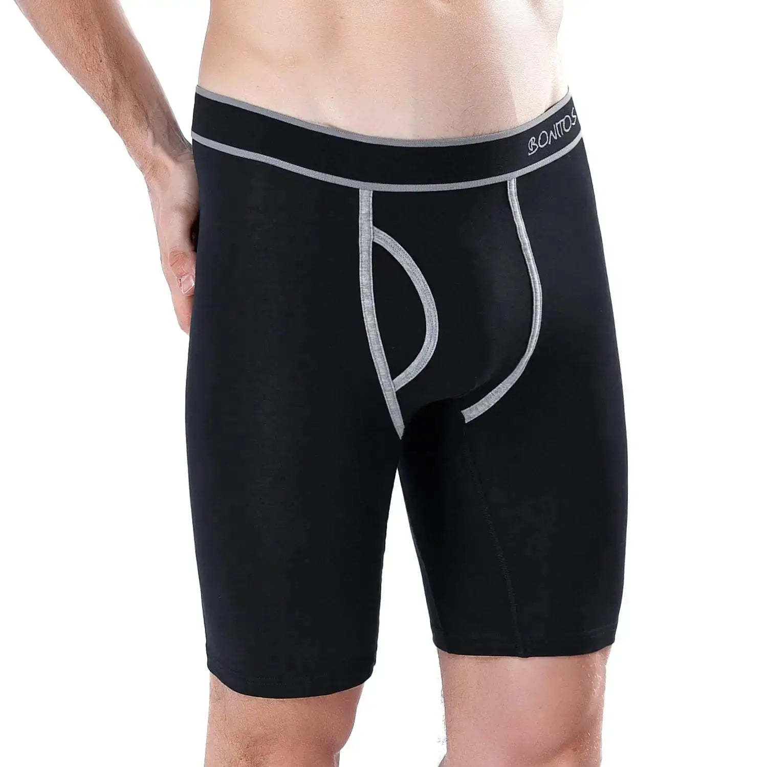 BONITOS men's long-leg boxer underwear in black with grey stitching and waistband logo