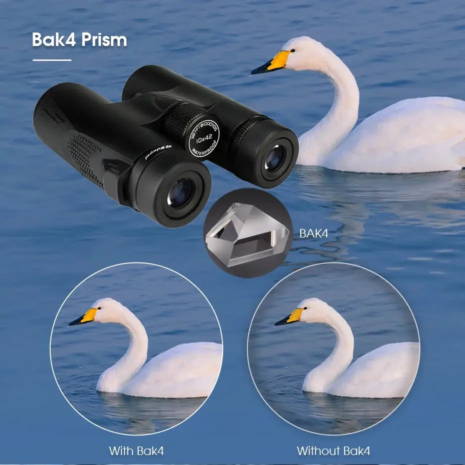 SVBONY bird-watching binoculars SV47 in black with Bak4 prism, IPX7 waterproof; two swans in background.
