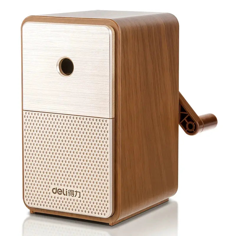 DELI wooden hand-crank pencil sharpener with long-lasting blade, table model