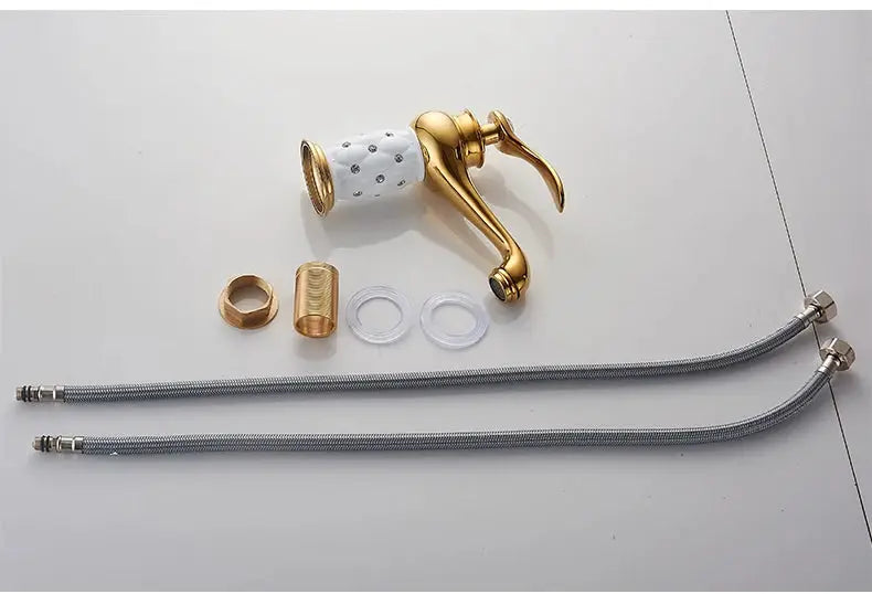 Bathroom faucet antique brass with single lever, white ceramic grip, plus braided supply hoses and fittings