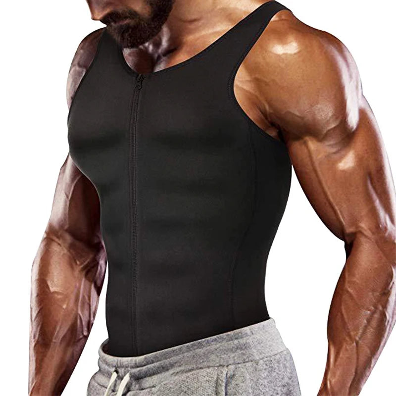 Men's slimming compression vest by Simples Market; black sleeveless torso shaper with front zipper