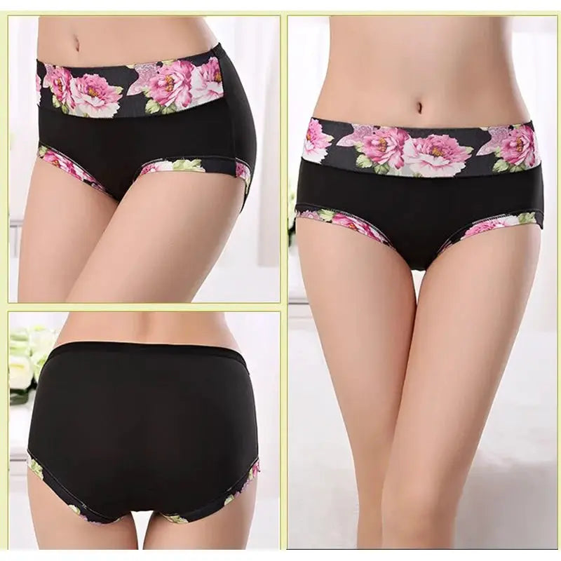 Plus-size floral print panties in black with pink flower waistband; brief underwear shown from front and back.