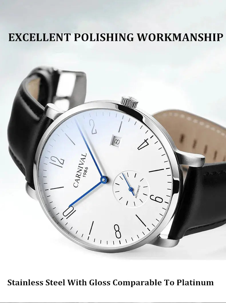 Carnival men's fashion watch with white dial, blue hands, date window, stainless steel case, black leather strap.