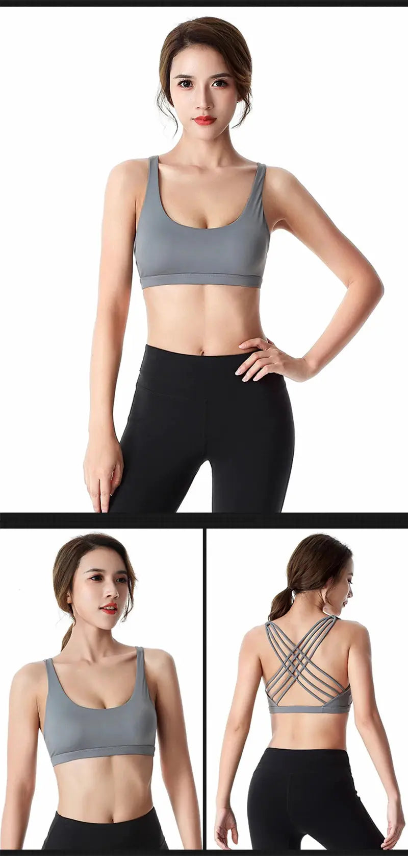 Gray women's cross-back sports bra with multi-strap back for gym, running and yoga crop top.