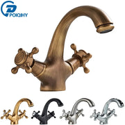 Antique bronze bathroom faucet mixer with two handles; POIQIHY shows five finishes: bronze, gold, black, nickel, chrome.