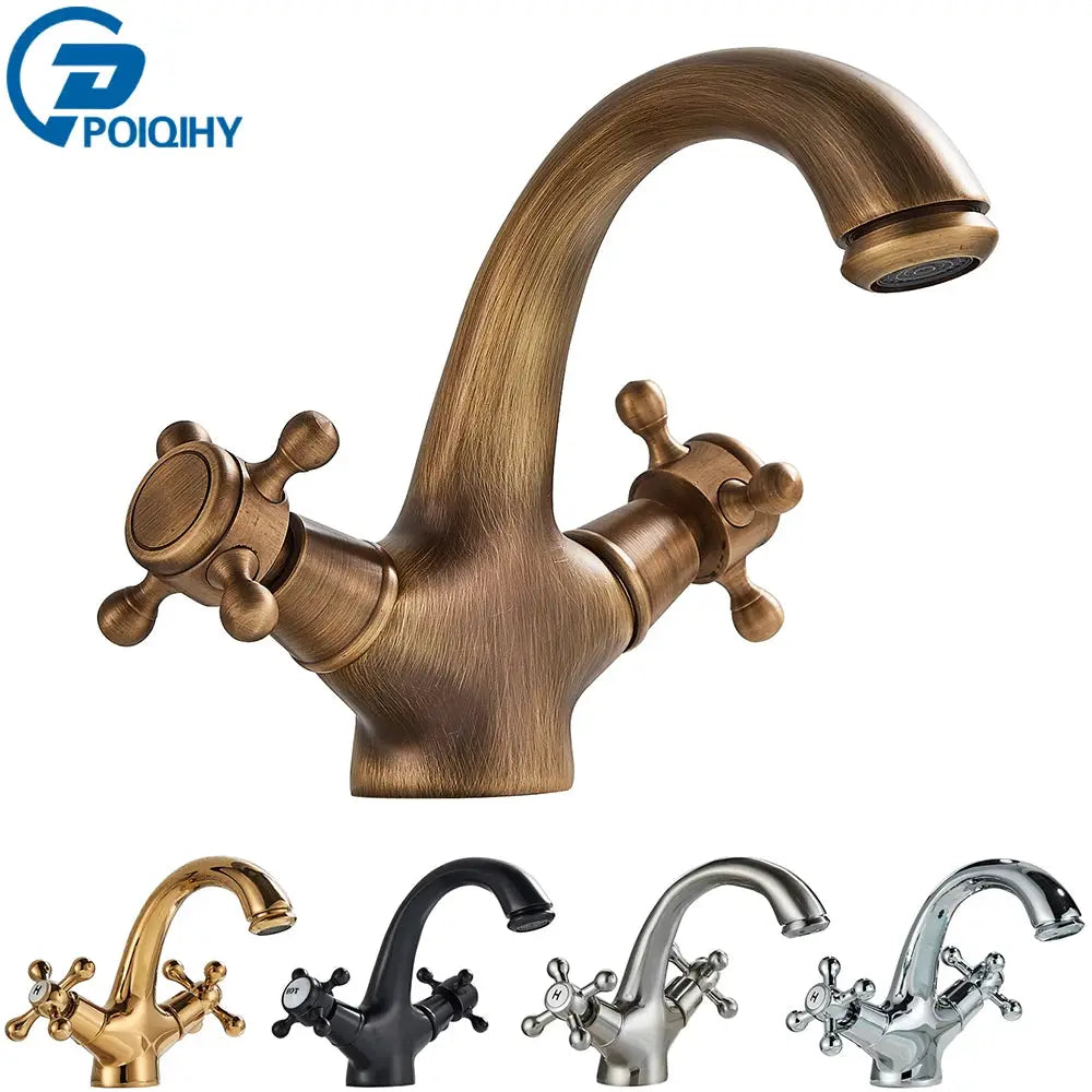 Antique bronze bathroom faucet mixer with two handles; POIQIHY shows five finishes: bronze, gold, black, nickel, chrome.