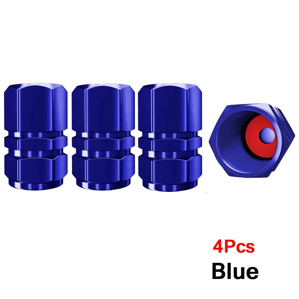 Tire valve caps, blue aluminum alloy, 4-piece set for cars and motorcycles